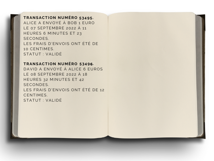 Un livre avec les transactions écrit dessus : n°, montant, destinataire