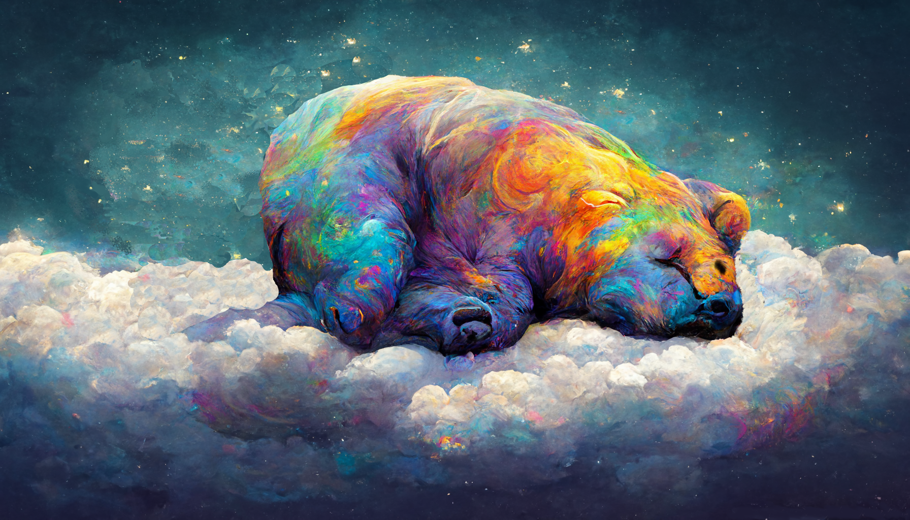 Un ours très coloré sur un nuage en train de dormir - abstrait