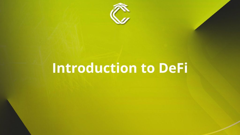 Written in white on a light green background: "Introduction to DeFi"
